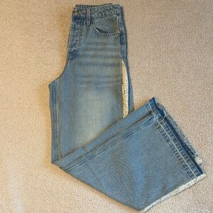 Women's Boutique Light Wash Wide Leg Jeans with Crochet Trim Detail